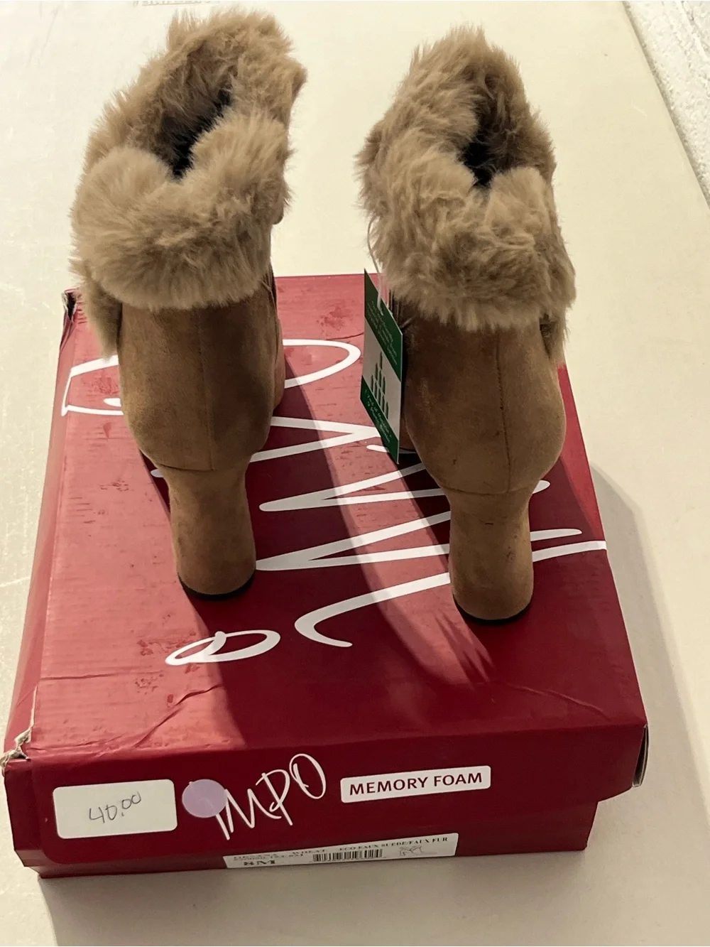 Faux Suede Fur-Trim Ankle Boots in Taupe